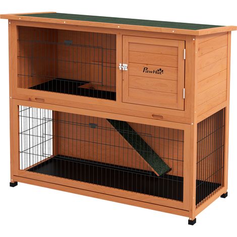 Two-Tier Antiseptic Wood Rabbit Hutch, 102cm Guinea Pig Hutch Run - Orange (1/5)