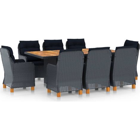 Ensemble Table + 8 chaises - Table à manger avec Chaises avec coussins Résine tressée Gris foncé BV828416 - BonneVie (1/5)