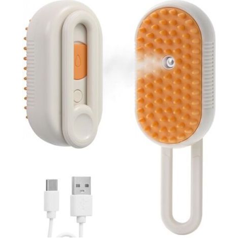 PA Brosse vapeur rechargeable 4 en 1 pour chats et chiens, massage antistatique, nettoyage, toilettage, beige. (1/4)