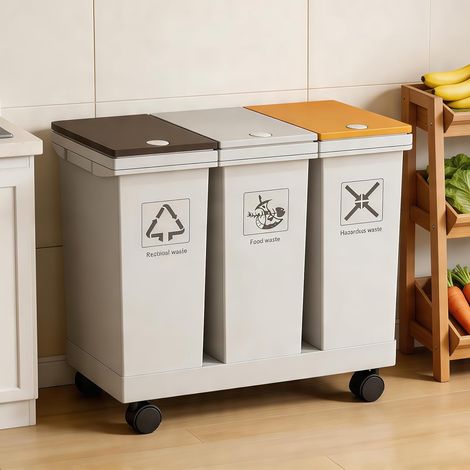 Poubelle Tri Sélectif 3 x 12 L avec Roulettes Poubelle de Cuisine (1/5)