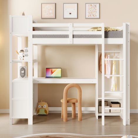 Lit Mezzanine 90x200 cm en Pin Blanc avec Bureau, Armoire, Étagères et Rangements Gain de Place