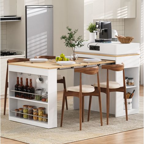 Table extensible MDF blanco con vidrio acanalado, 83x46-146,5x96 cm, con enchufes y almacenaje, para 3-4 personas (1/5)