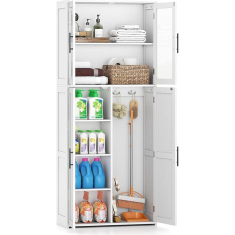 COSTWAY Armadio da Bagno con Spazio di Stoccaggio, Organizzatore in Legno con Ante, Ripiani e Ganci, 168 cm Armadio Indipendente per Strumenti di Pulizia per Casa e Ufficio, Bianco