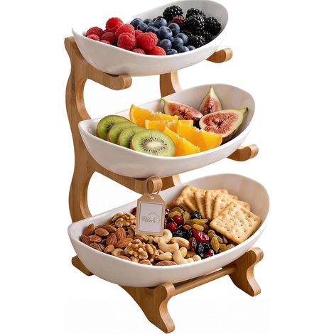Corbeille à fruits 3 étages avec bols en plastique épais, panier à fruits et légumes multifonction pour cuisine, buffet apéritif, décoration moderne – Blanc (1/5)