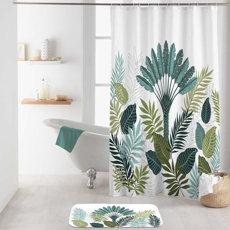 Duschvorhang mit Haken, blau bedrucktes Polyester, 180 x 200 cm, für Badezimmer (1/2)
