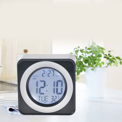 Elektronische Uhr mit Sprachsteuerung, Hintergrundbeleuchtung, LCD-Display, quadratischer Aufbau, Kalender, Temperaturanzeige, schwarz (1/5)