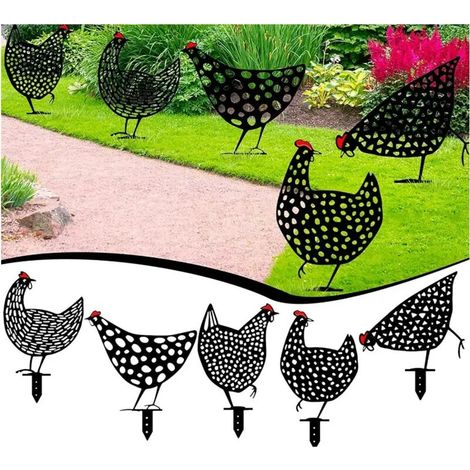 Décorations de jardin en métal, silhouettes de poules élégantes, lot de 5, décorations réalistes pour pelouse, art pour poulailler, piquets décoratifs pour jardin, décorations pour poulailler (1/5)