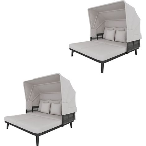 2er-Set gartenmöbel für 2 Personen, Strandkorb, Gartenliege, Sonnenliege, einziehbare Markise, verzinkter Stahlrahmen, 10 cm dicke Kissen, handgewebtes Seil, grau
