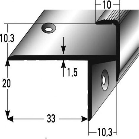 Laminat-Parkett-Treppenkante "Brompton" / Winkelprofil, Einfasshöhe 10,3 mm, 33 mm breit, Aluminium eloxiert, gebohrt-silber-1000 (1/5)