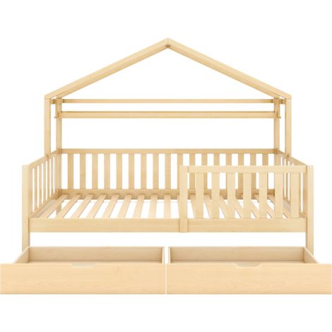 Lit cabane enfant 90x200 en bois naturel avec 2 tiroirs, sommier à lattes, pin et MDF (1/5)