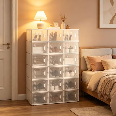 Boîte de rangement à chaussures élégante, empilable, modulaire – pour armoire, étagère, salle de bain, jouets, livres (18 pièces) (1/4)