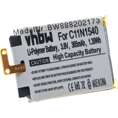vhbw Batterie compatible avec Asus ZenWatch 2 WI501Q, 2 WI501QF smartwatch montre connectée bracelet fitness (365mAh, 3,8V, Li-polymère)