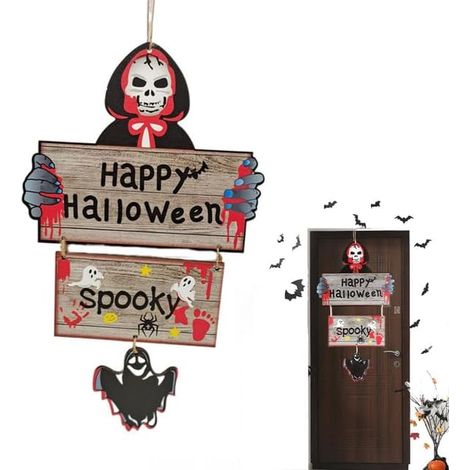 Panneau Suspendu en Bois Halloween,Panneau de Bienvenue en Bois,Signe de Porte d'halloween,Happy Halloween pour Patio,Salon,Porte (1/5)