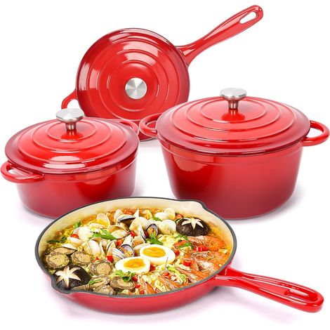 Enameled Cast Iron Cookware - 7 Piece, Dutch Oven, Skillet, 3 Lids, Bread Casserole Set, Ceramic Non-Stick Coating, Gas/Induction /Oven Safe (Red) (1/5)