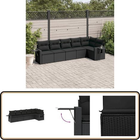 6-tlg. Garten-Sofagarnitur mit Kissen Schwarz Poly Rattan - Gartensorte - Gartenmöbelset - PE-Rattan Möbel - Outdoor Lounge Set - Balkonmöbel