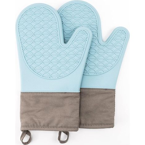 Ensemble de 2 maniques en silicone, résistantes à la chaleur avec doublure douce en coton matelassé, faciles à nettoyer, pour la cuisine et les barbecues, bleues (1/5)