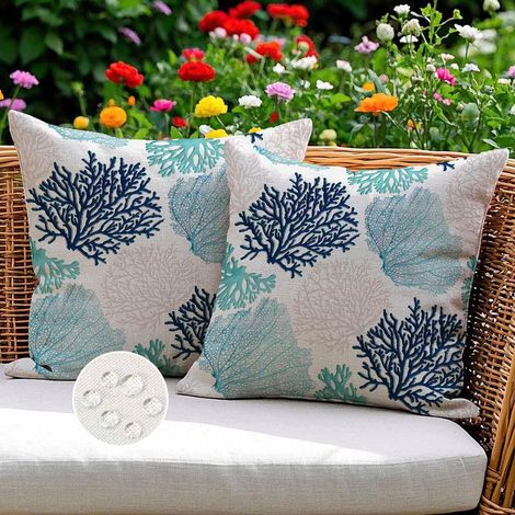 JSSEVN - Weatherproof Outdoor Cushion Covers, Blue Grey, Coral, for Garden Bench, Summer Decoration for Sofa, Living Room, 45 x 45 cm, Set of 2 (1/5)