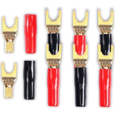Vakuum-Connecteur à fourche en Y pour câble de haut-parleur, 8 pièces Fiche Y plaqué or de connecteur à fourche en Y de 45 degrés pour câble de haut-parleur de bricolage (rouge et noir) (1/5)