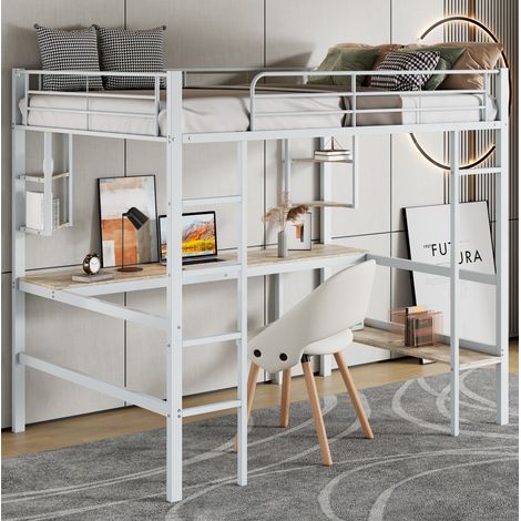 Bett Hochbett platzsparend 90x200 Metall Weiss OKMYHOME (1/5)