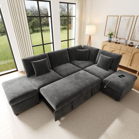 Canapé d'angle convertible 247,5x172x87 cm – canapé l xl 4 places avec rangement pouf tablette usb-c – chenille – gris foncé (1/5)