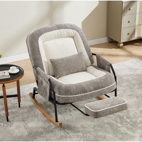 Fauteuil à bascule inclinable en fausse fourrure gris clair, dossier réglable 100-160°, repose-pieds coulissant, poche latérale et coussin, intérieur ou extérieur – CHICFURN (1/5)
