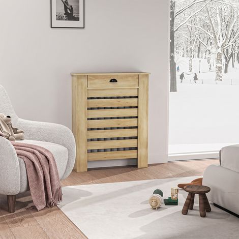 Couvercle de radiateur cache radiateur grille à lattes horizontales avec 2 tiroirs en bois 78l x 19P x 95,5H cm chêne (1/5)
