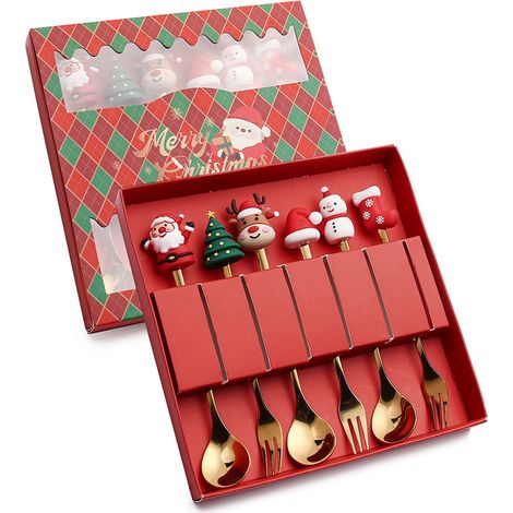 Cuillère À Dessert - Fourchette À Dessert - En Acier Inoxydable - Pour Fête De Noël - Lot De 6 Pièces