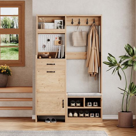 Mobile da Ingresso con 2 Ante, 1 Cassetto, Vano Aperto, 4 Ganci e Panca, per Ingresso, 108.5 × 35 × 180 cm (1/5)
