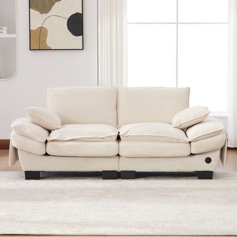 DESMIU Canapé Droit 2 Places avec USB-C et Poches Latérales, Assise Large Ergonomique, en Velours Côtelé, Beige (1/5)