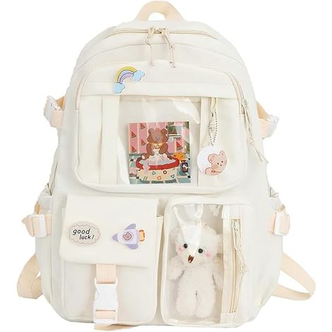 Sac à dos Kawaii avec pendentif, grand sac à dos avec accessoires ours mignons pour l'école, multi-poches