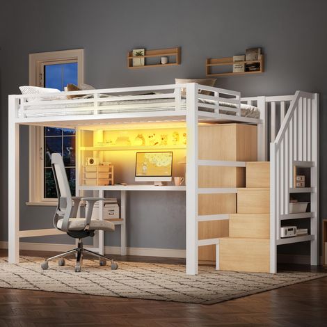 Lit mezzanine en métal 140x200 avec bureau, étagère, armoire et escalier de rangement, blanc, adapté à petit espace de vie