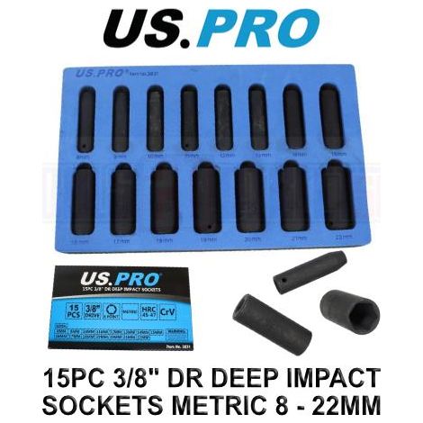 US PRO Tools 15PC 3/8" DR 6PT Deep Impact Socket Set Metric 8 - 22MM 3831 (1/4)