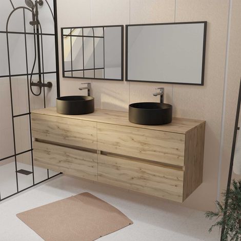 Mobile Bagno 160 TIMBER Decorazione Rovere 4 Cassetti Lavabi da Appoggio Neri 2 Specchi 75x55