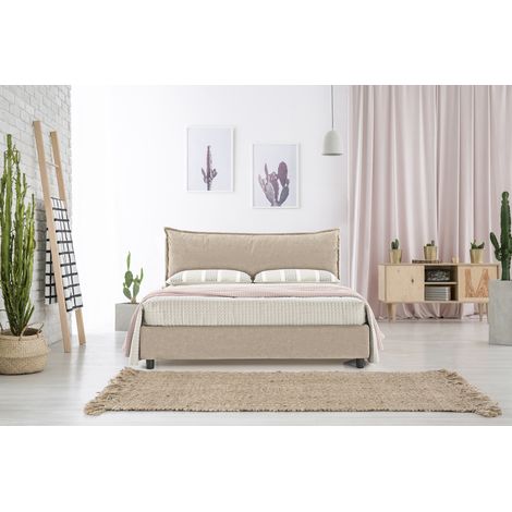 EVERGREENWEB - Letto Matrimoniale con Moderno Box Contenitore e Rete a Doghe in Legno Elegante Testiera Tessuto Imbottito SFODERABILE Ideale per Camera da Letto color Tortora (1/3)