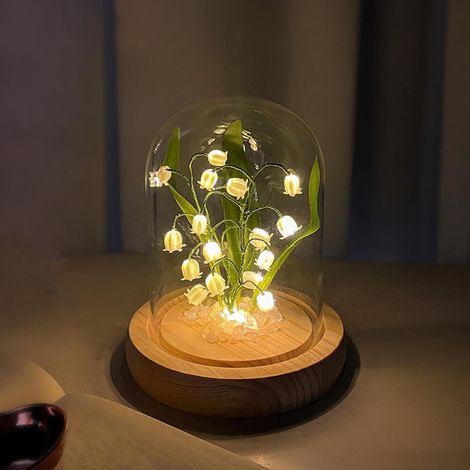 Luminaire Nocturne Fleur - Base Bois Dôme Verre - Alimentation Piles AAA - Décoration Intérieure Chambre Salon - 1 Pièce (1/5)