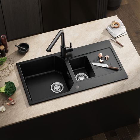 Anycee Max Granitspüle 86 x 45 cm Küchenspüle Granit, 1,5 Becken mit Abtropffläche & geräuscharmen Eigenschaften, Anthrazit