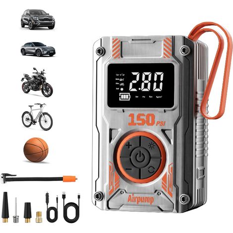 Compresseurs d'air Portatifs, Gonfleur de Pneus électrique Rechargeable USB 12V de Voiture 150 PSI, Arrêt Automatique, Lumière LED, 4 Embouts pour Voiture Vélo Moto Ballon (1/5)