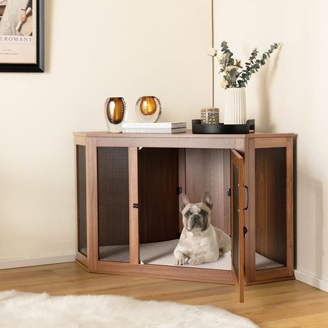 COSTWAY Eck-Hundekäfig, Hundehütte mit Tür & Kissen, Haustierkiste Möbelstil für kleine Hunde Katze Haustier, Tierkäfig für kleine Räume, Hundehaus Haustierhaus Zuhause Innen, Braun