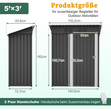 Abri de jardin à toit plat, 152 x 84 x 182 cm, avec porte métallique verrouillable, sans fenêtres, surface de rangement de 1,27 m², conception résistante aux intempéries pour outils de jardin, noir (1/4)