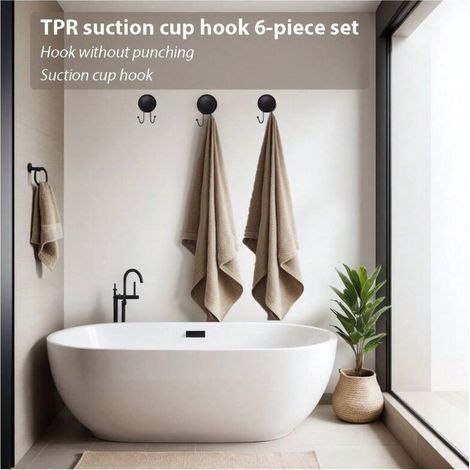 Set of 6 TPR suction cup hooks, plastic hooks with iron core, no drilling required and waterproof, storage shelf for bathroom and kitchen doors (1/4)