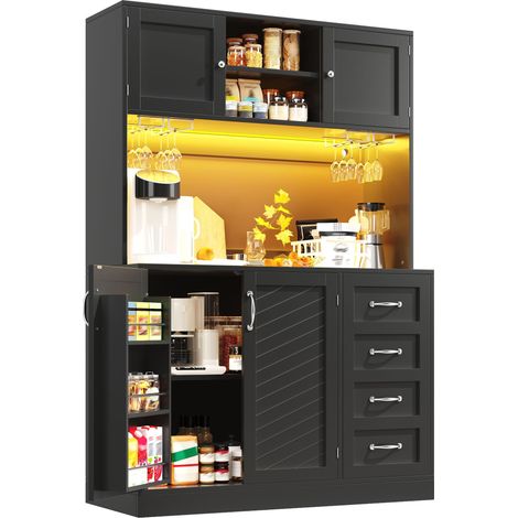 Buffet de cuisine noir, armoire de rangement 120x40x188cm avec éclairage LED, 4 portes et 2 tiroirs (1/5)