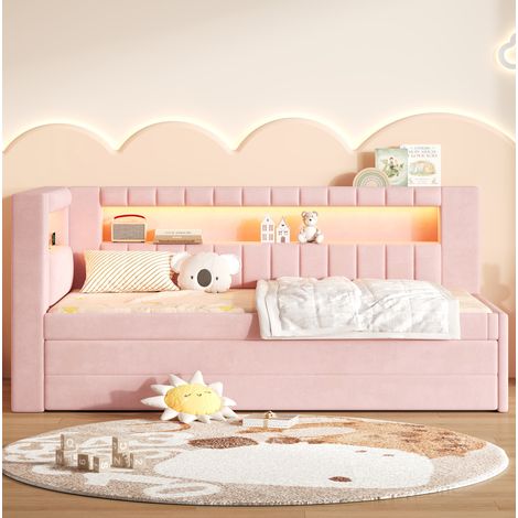 Gepolstertes 90x200 Tagesbett mit USB-Anschlüssen und LED-Gürtel, mit Ausziebett und drei Schubladen, Rosa (1/5)