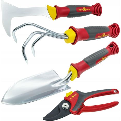 Wolf-Garten – Ensemble de 4 outils de jardinage ergonomiques – Sécateur RR 2500, pelle LU-2K, râteau KF-2K, houe KA-2K – Confort optimal pour petits jardins (1/7)