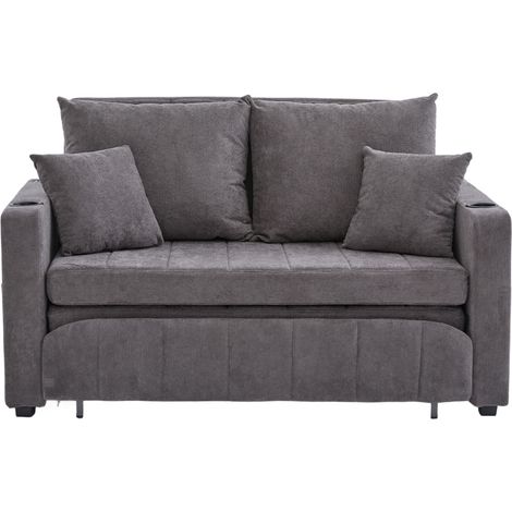 Sofá cama multifuncional de chenilla gris con cojines, bolsillos laterales, puertos USB y portavasos (1/5)