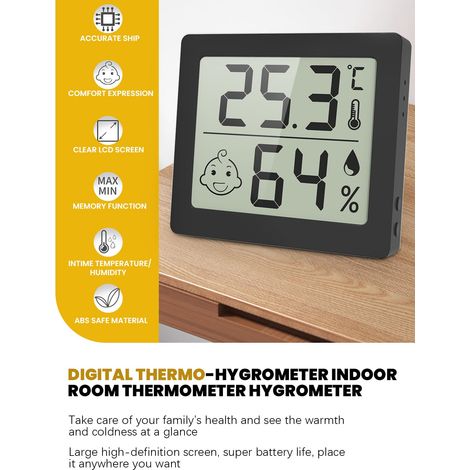 Thermo-hygromètre ultra-fin 3.1", numérique, noir. (1/4)