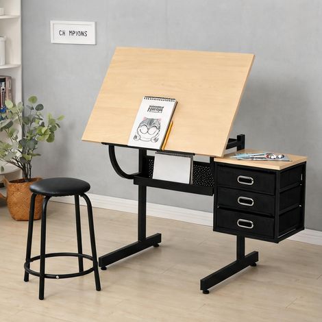 Table à dessin en MDF et métal avec tabouret et rangements érable (1/5)