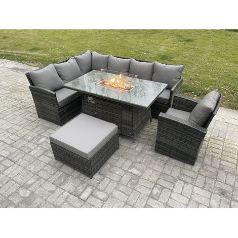 Fimous Rattan Garden Furniture High Back Corner Sofa Gas Fire Pit Dining Table Sets Gas Heater with Armchair Big Footstool 8 Seater Dark Grey Mixed (1/5)