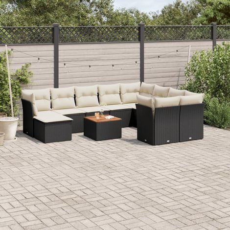 11-tlg. Garten-Sofagarnitur mit Kissen Schwarz Poly Rattan (1/3)