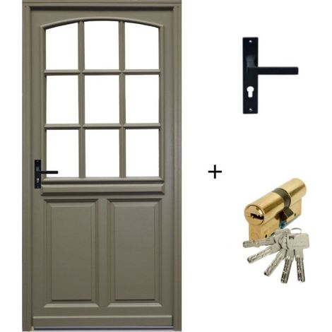 Puerta de entrada de madera con cristal Ady, verde gris oliva, h.215xl.90 cm, con tablero lateral, puerta recta, manilla, bombín de GD MENUISERIES (1/5)