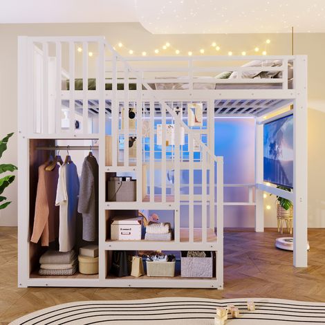 Lit Mezzanine 140x200 cm, Escalier de Rangement, LED Multicolore, Grille Latérale, Support d’Écran de Projection, sans Matelas, Métal - Blanc (1/5)